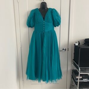 Puffy Sleeve Prom Dresses for Women Dotted Tulle V Neck Formal Tea Length